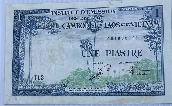 French Indochina 1954 1 Piastre P-105 Used World Banknote Currency