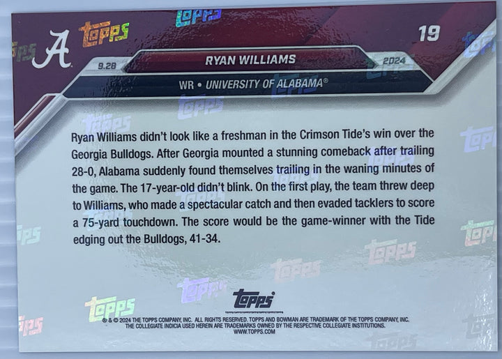 Ryan Williams - 2024 Bowman U NOW® Football Card 19 Alabama