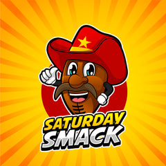 Cartoon football mascot with a cowboy hat and mustache on an orange sunburst background, text reads "Saturday Smack."