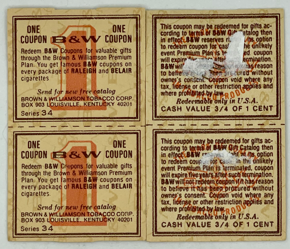 4 Vintage Brown & Williamson B & W Coupons Raleigh & Belair  Series