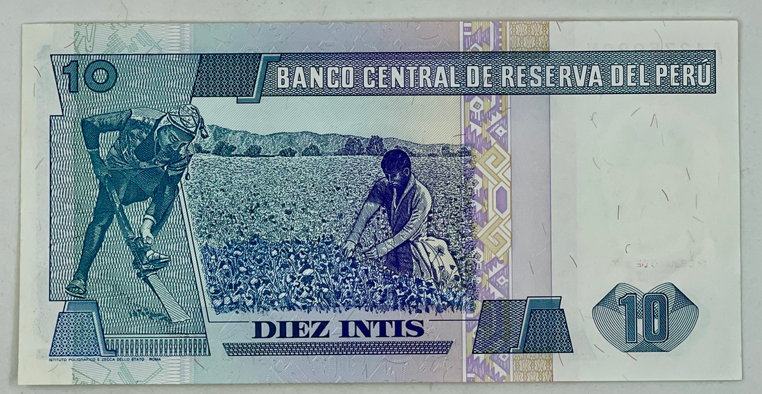 Peru 1987 10 Intis P128 AU Banknote