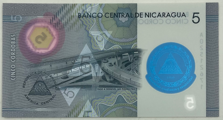 2020 Nicaragua 5 Cordobas 60th Comm Polymer P-W219 UNC Banknote