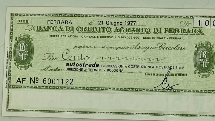 Italy 1977 (21.6.1977) 100 Lire Local Currency Banca di Credito Agrario di Ferra