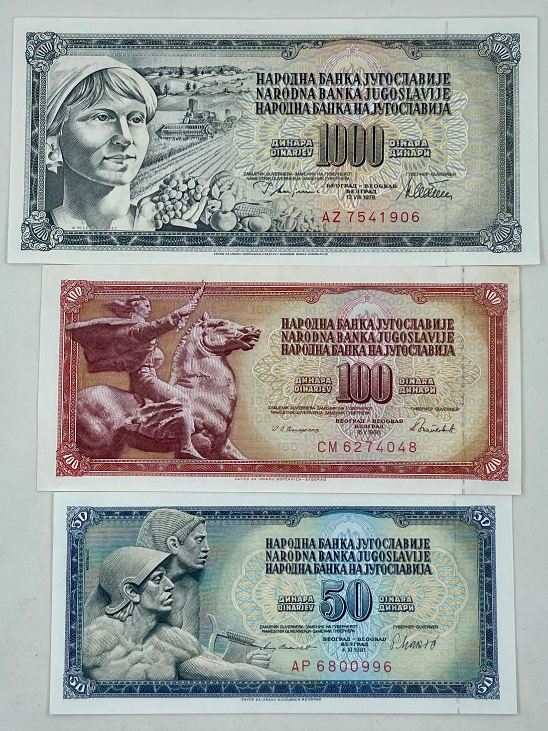 (3) YUGOSLAVIA 50, 100, 1000 Dinara 1981/1985/1978 AU Banknotes