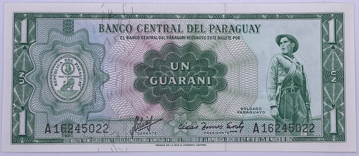 PARAGUAY 1 Guarani, 1952, P-193, UNC World Currency