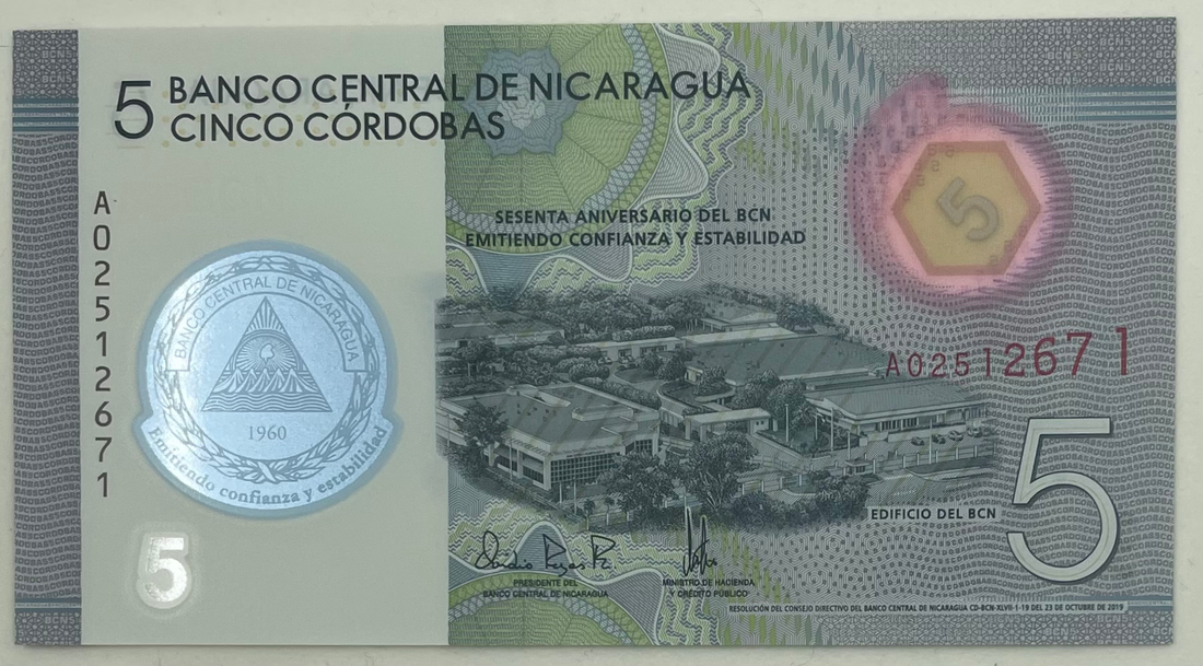 2020 Nicaragua 5 Cordobas 60th Comm Polymer P-W219 UNC Banknote