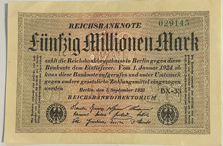 Germany 1923 50 Millionen Mark P109c AUNC, World Banknote Currency