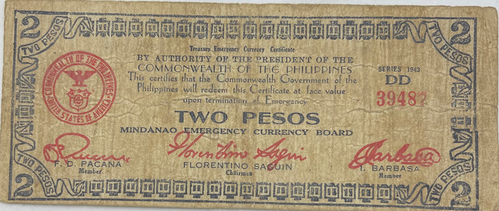 Philippines 1943 Mindanao 2 Peso P-S496 Emergency WW2 Used World Banknote