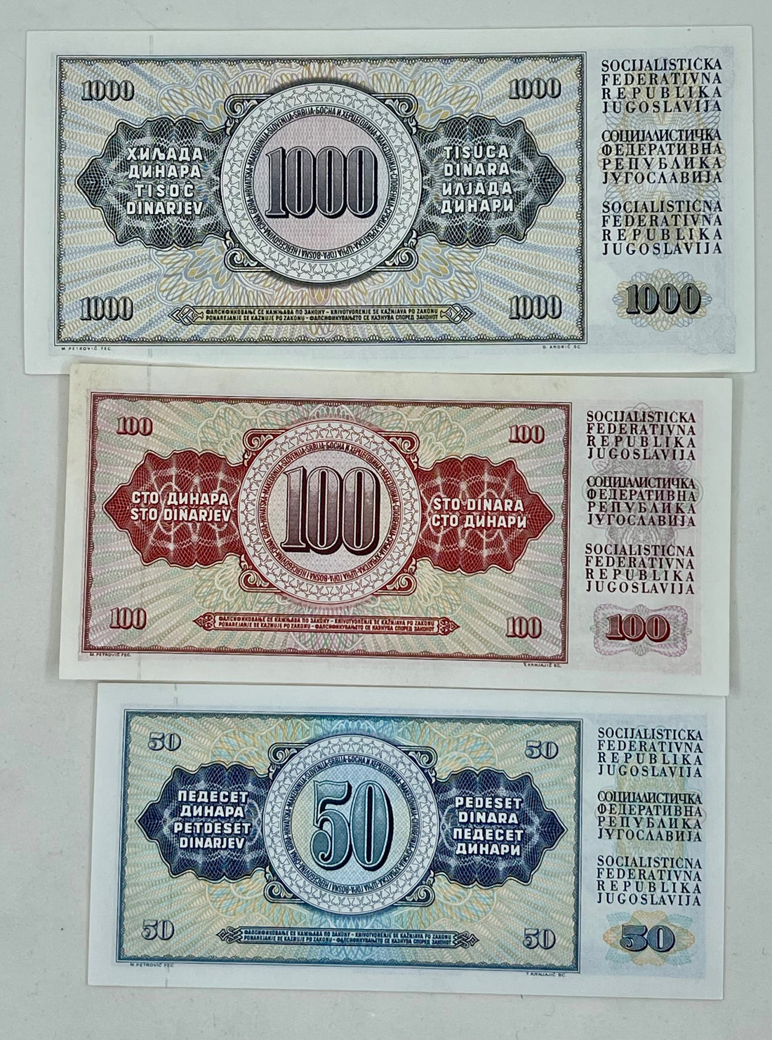 (3) YUGOSLAVIA 50, 100, 1000 Dinara 1981/1985/1978 AU Banknotes