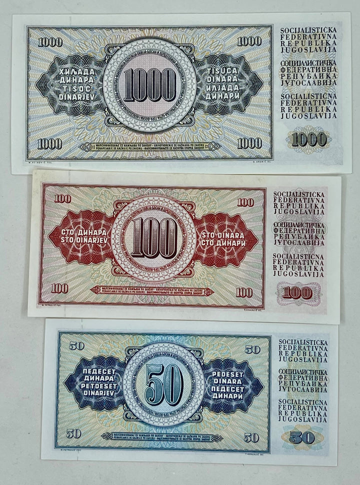 (3) YUGOSLAVIA 50, 100, 1000 Dinara 1981/1985/1978 AU Banknotes